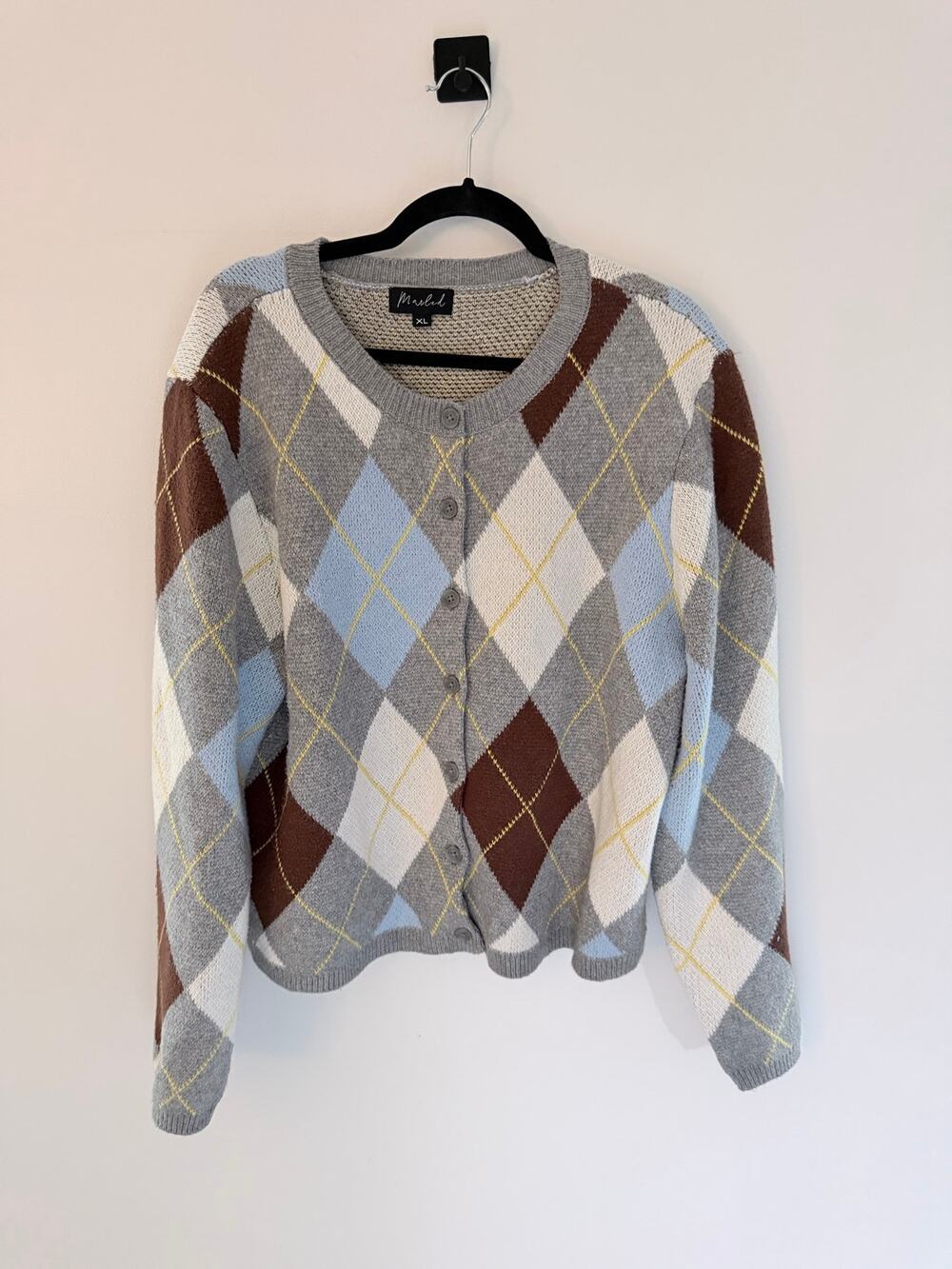 Marled Preppy Argyle Gray Blue Brown Geometric Button-Up Knit Cardigan-Size XL